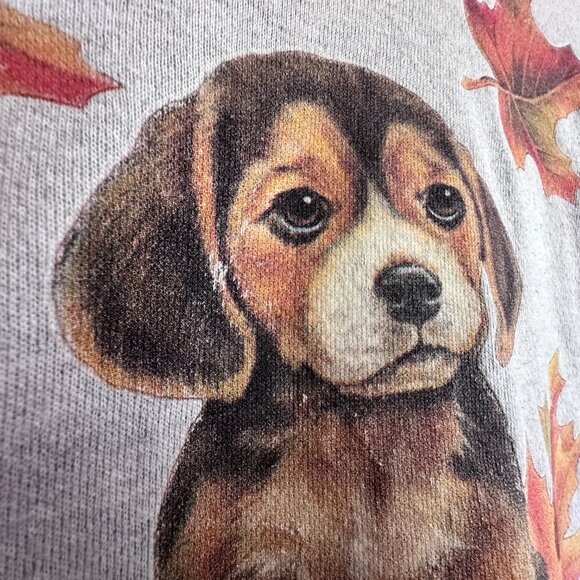 Vintage Women's Large Fall Puppy Sweatshirt Leaves Gray Cut Cropped Sleeve - Picture 5 of 11